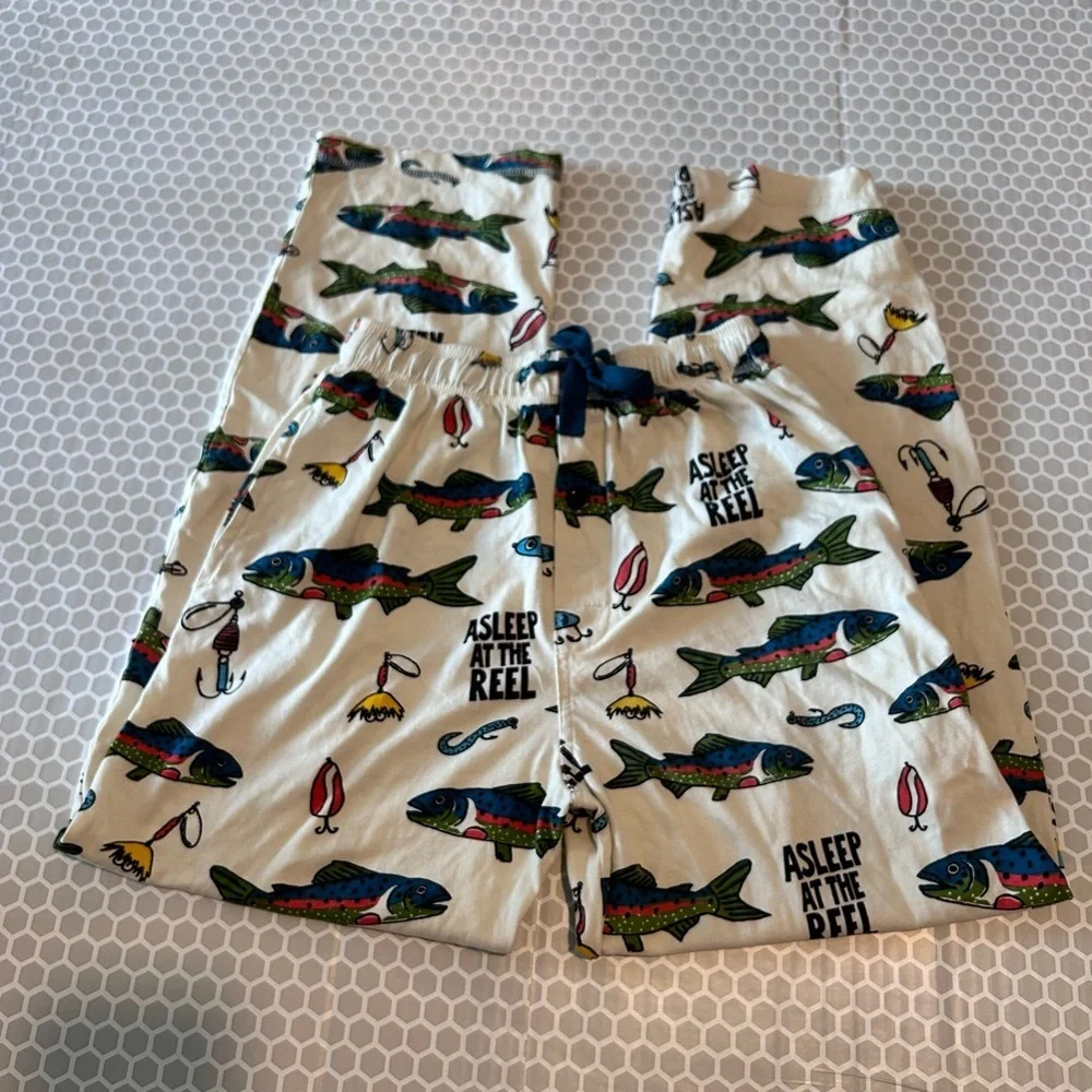 Lazy One White Pajama Bottoms with Blue Drawstring and Multicolor Fish Size XS